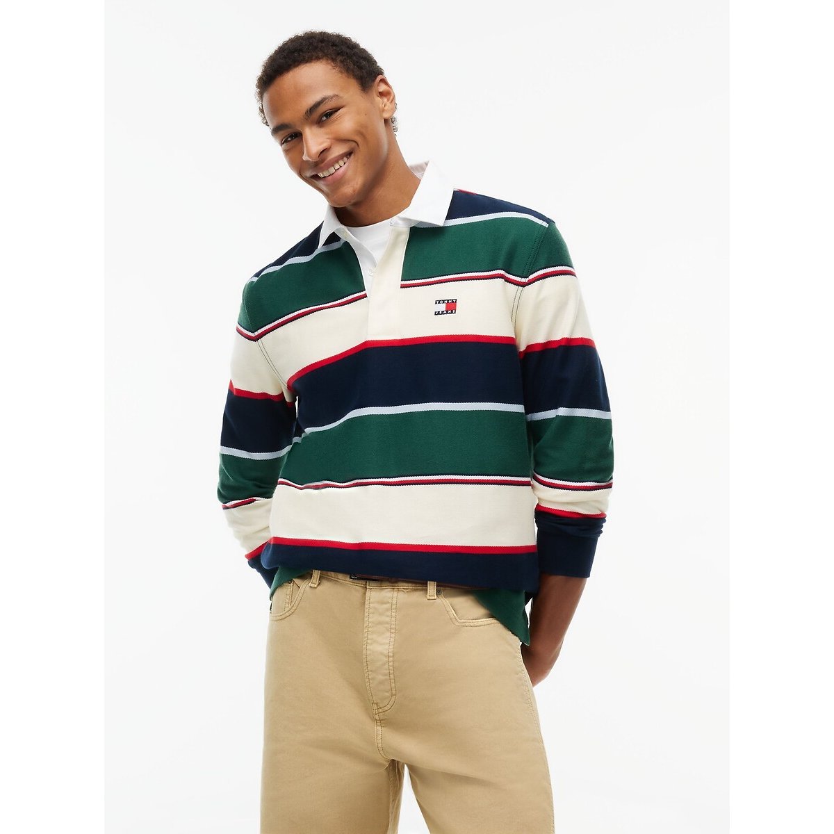 Polo manches longues, coupe relaxed rayé vert, TOMMY JEANS