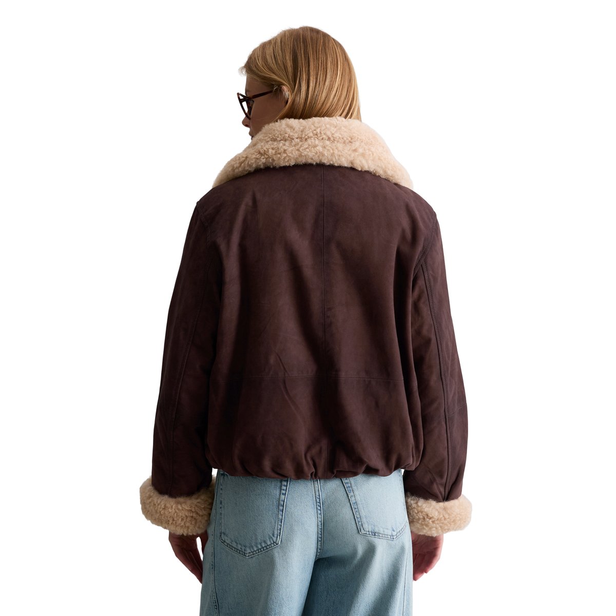 Veste en cuir à col en peluche, coupe classique en cuir de chèvre velours souple marron, MARC O’POLO DENIM