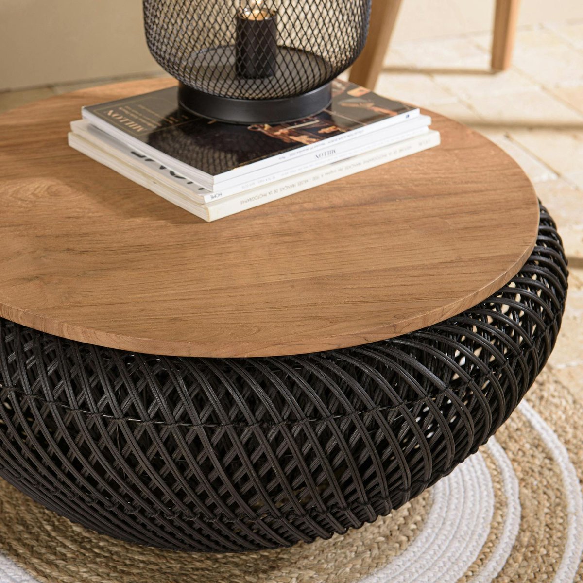 Table basse coffre ronde rotin noir et teck recyclé 66 cm SWING noir, PIER IMPORT
