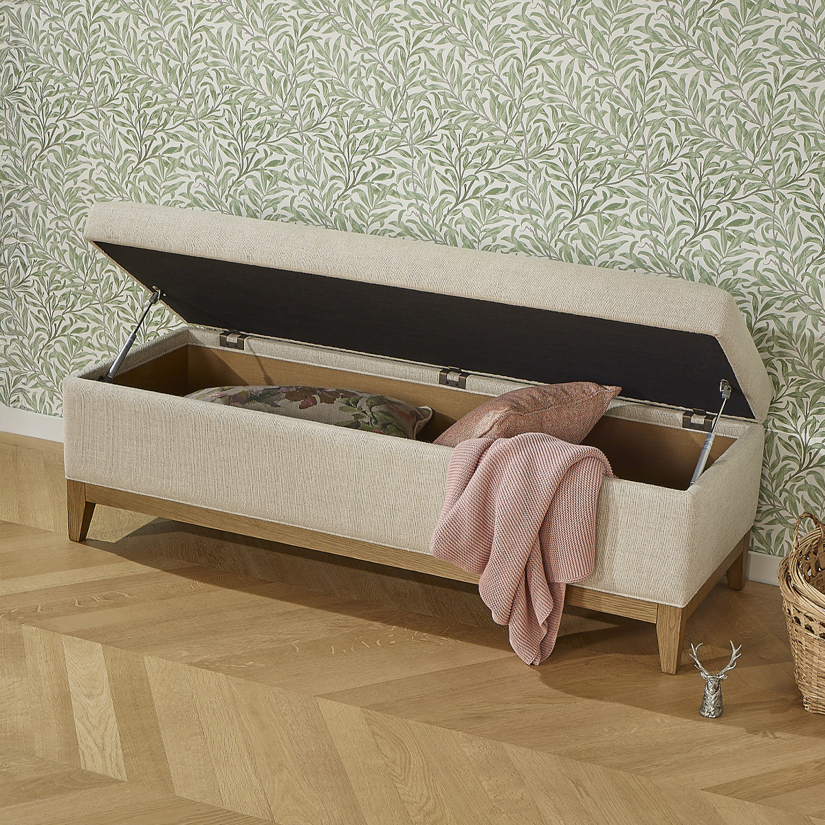 Banc de rangement style shabby chic en chêne et lin VIRGINIA lin, ROBIN DES BOIS