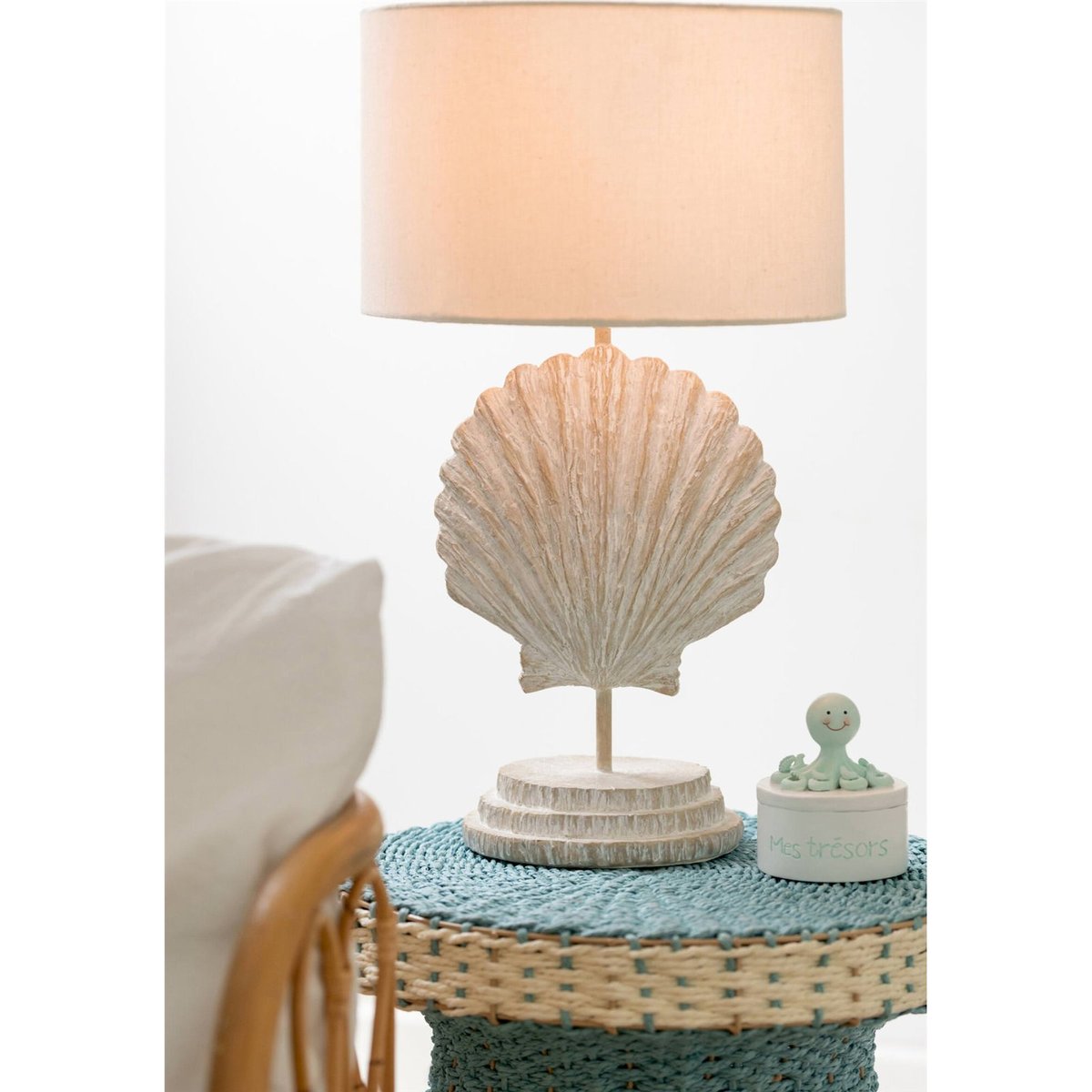 Lampe à poser forme coquillage en résine blanc et naturel, RECOLLECTION