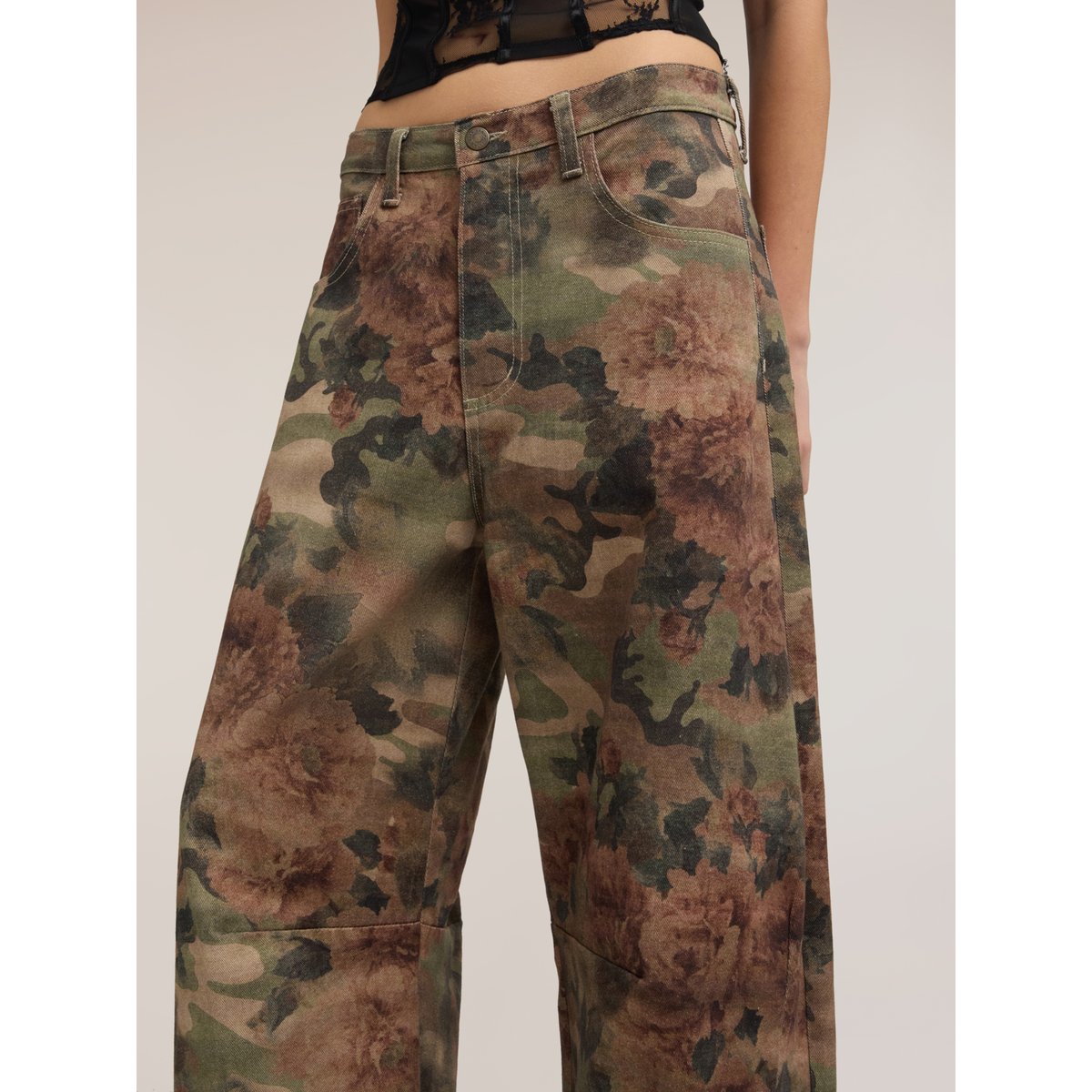 Pantalon coupe barrel à motif floral verde militare, MOTIVI