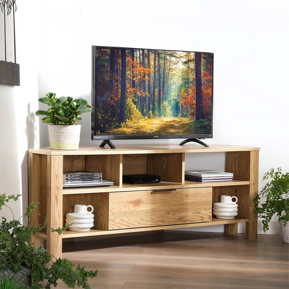 Meuble TV d'Angle 1 Tiroir Décor Chêne - L120 cm bois clair, CALICOSY