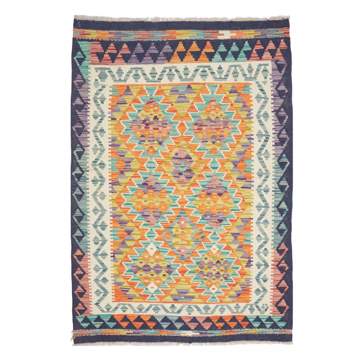 Tapis d'orient à motif géométrique, tissage plat authentique multicolore, bleu, orange, UN AMOUR DE TAPIS