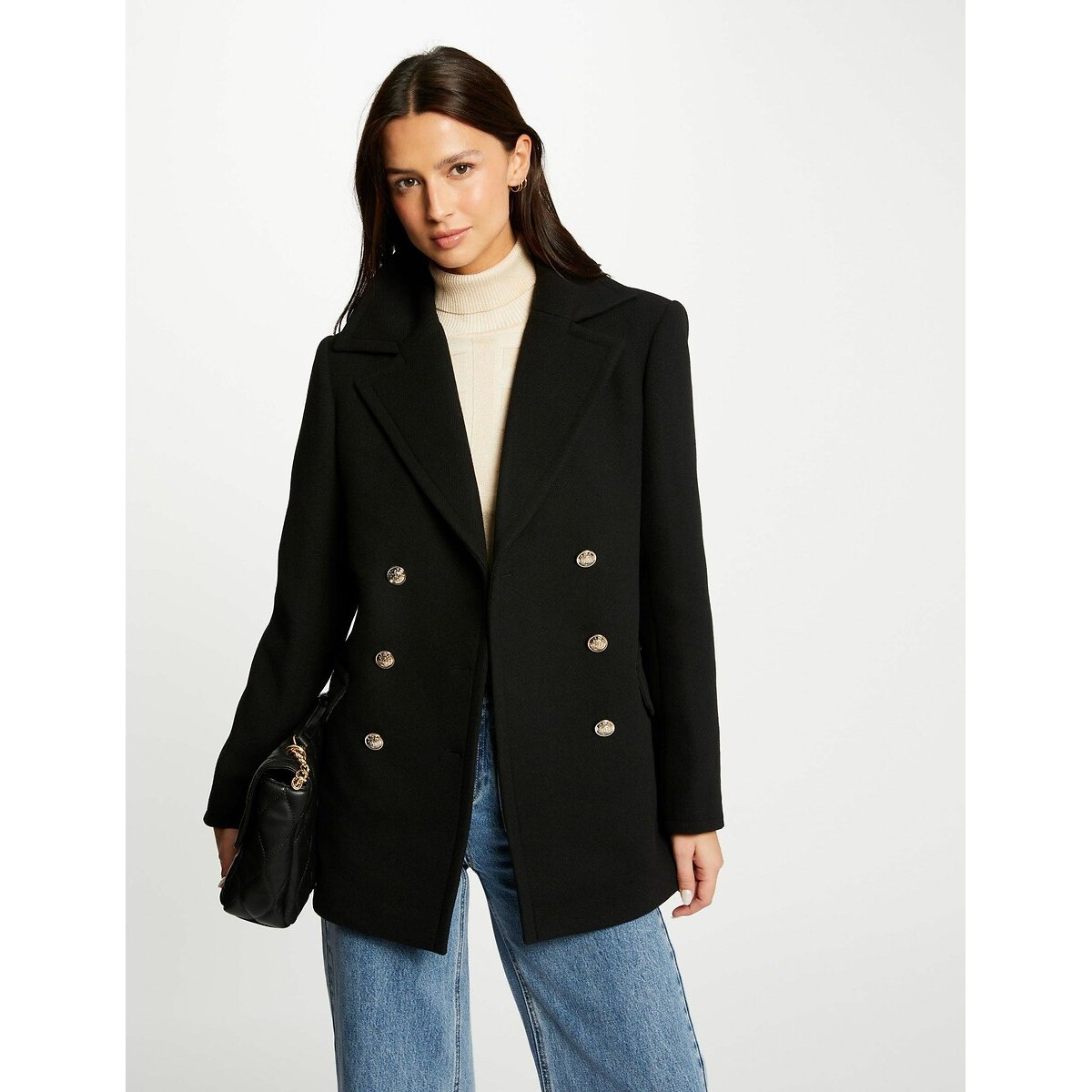 Manteau mi-long fermeture boutonnée noir, MORGAN