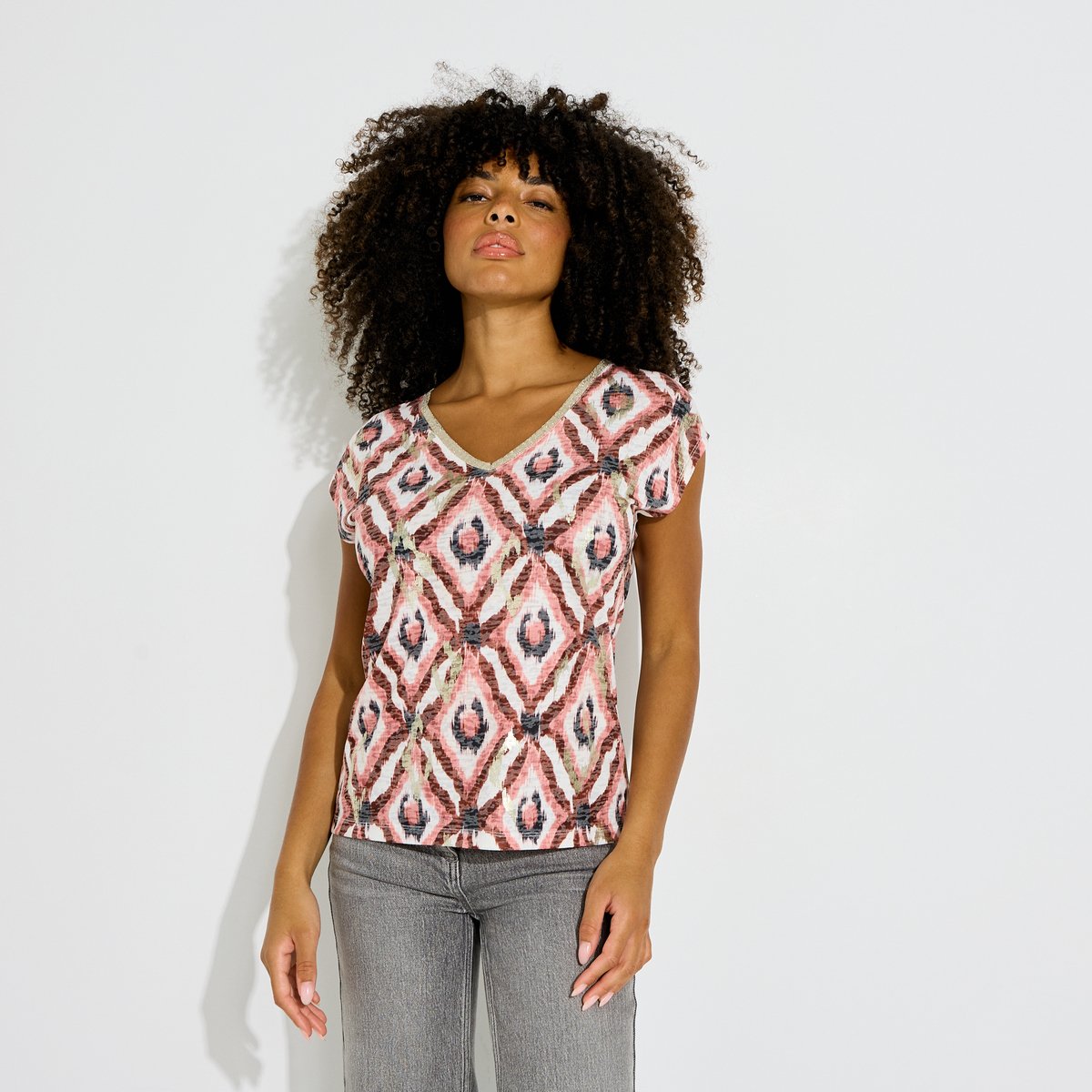T-shirt col V imprimé géométrique rose, GRAIN DE MALICE
