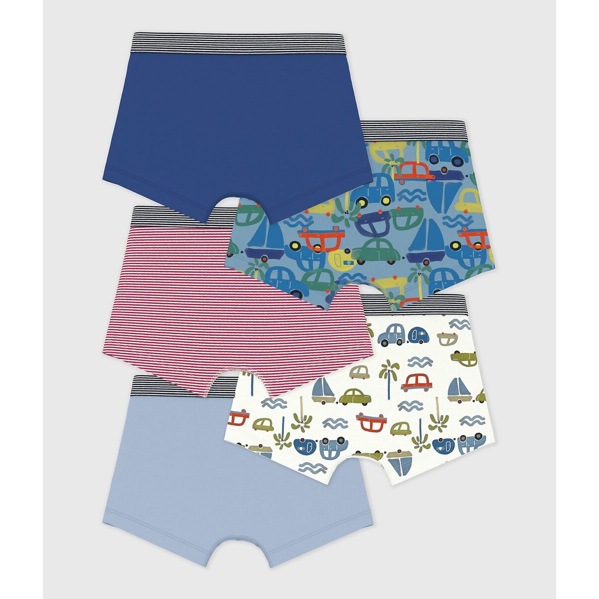 Lot de 5 boxers en coton bleu + rouge + blanc, PETIT BATEAU