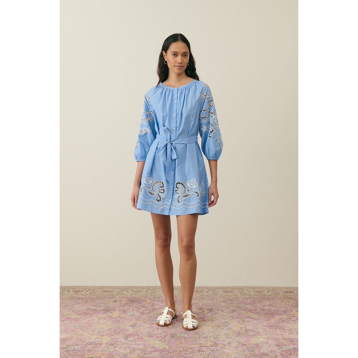 Rinala Embroidered Mini Dress with Crew Neck and 3/4 Length Sleeves blue striped, LOUISE MISHA