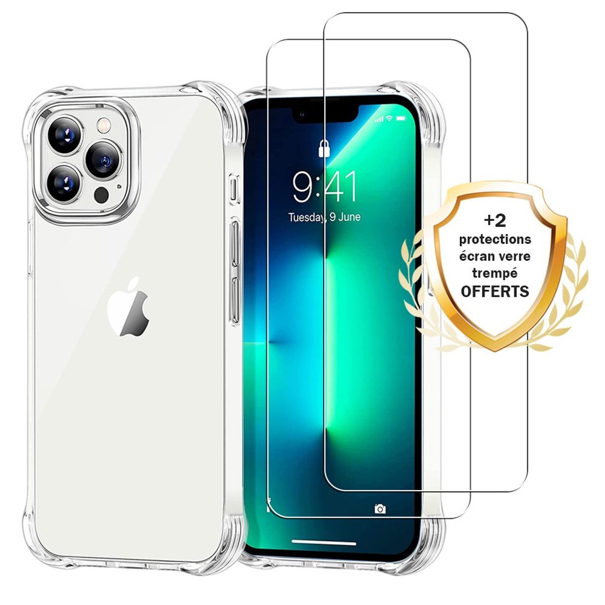 Coque iPhone 13 Pro antichoc + 2 vitres transparent, EVETANE