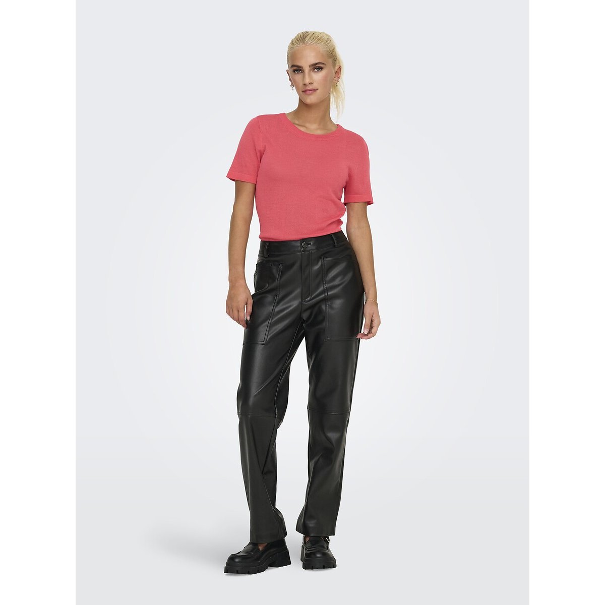 Pull col rond manches courtes rose, ONLY