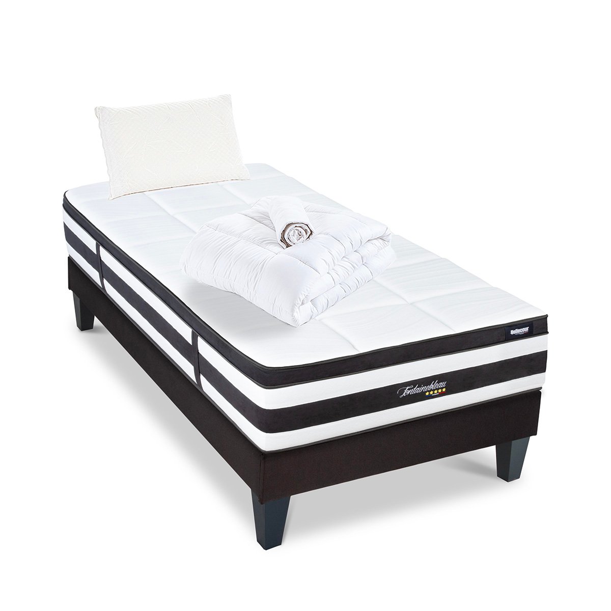 Pack Fontainebleau 90x190 cm Matelas Ressorts + Sommier Bois + Accessoires blanc, BELLECOUR