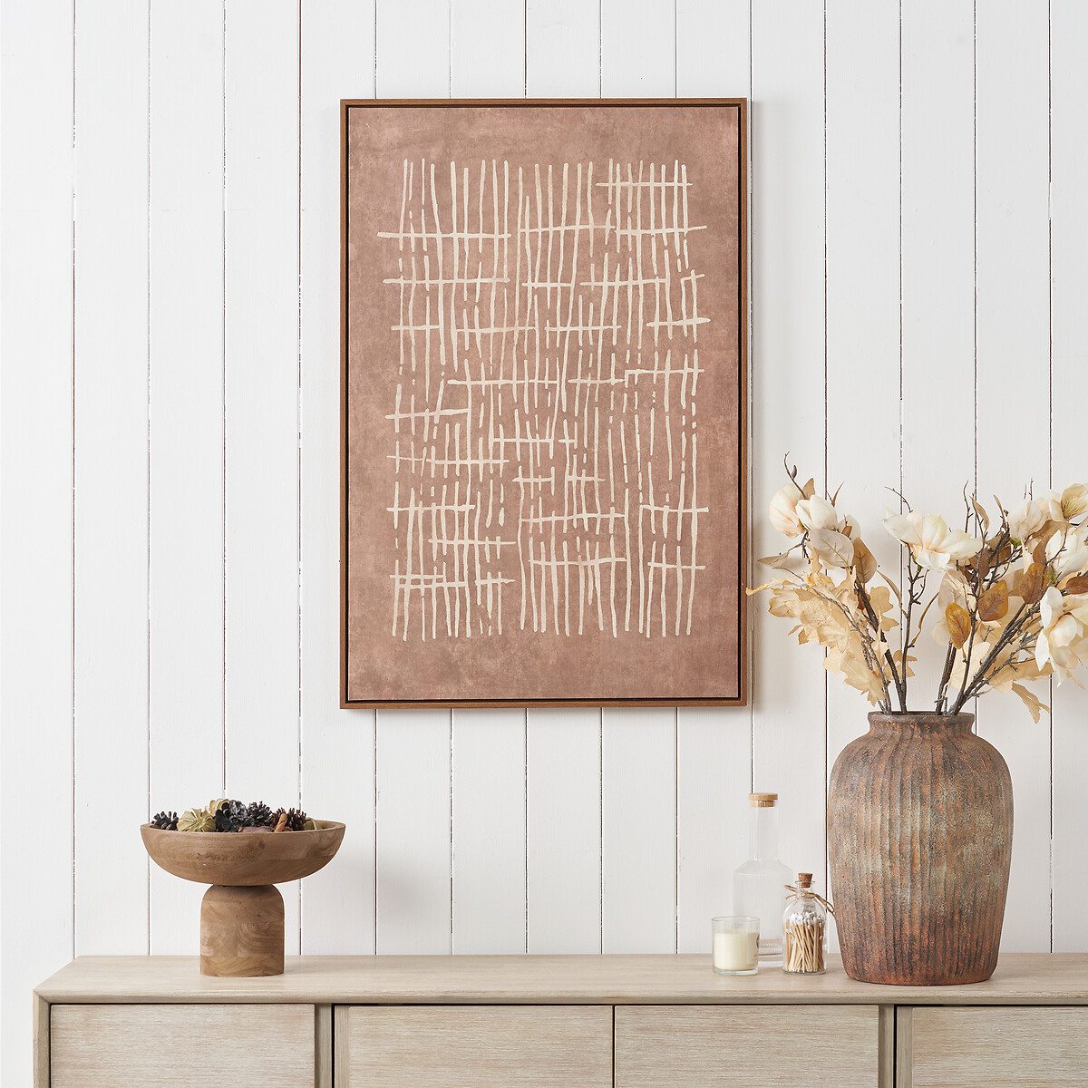 60x90cm Brown and Natural Abstract Linear Design Canvas with Oak Effect Frame brown , ÉDITÉ