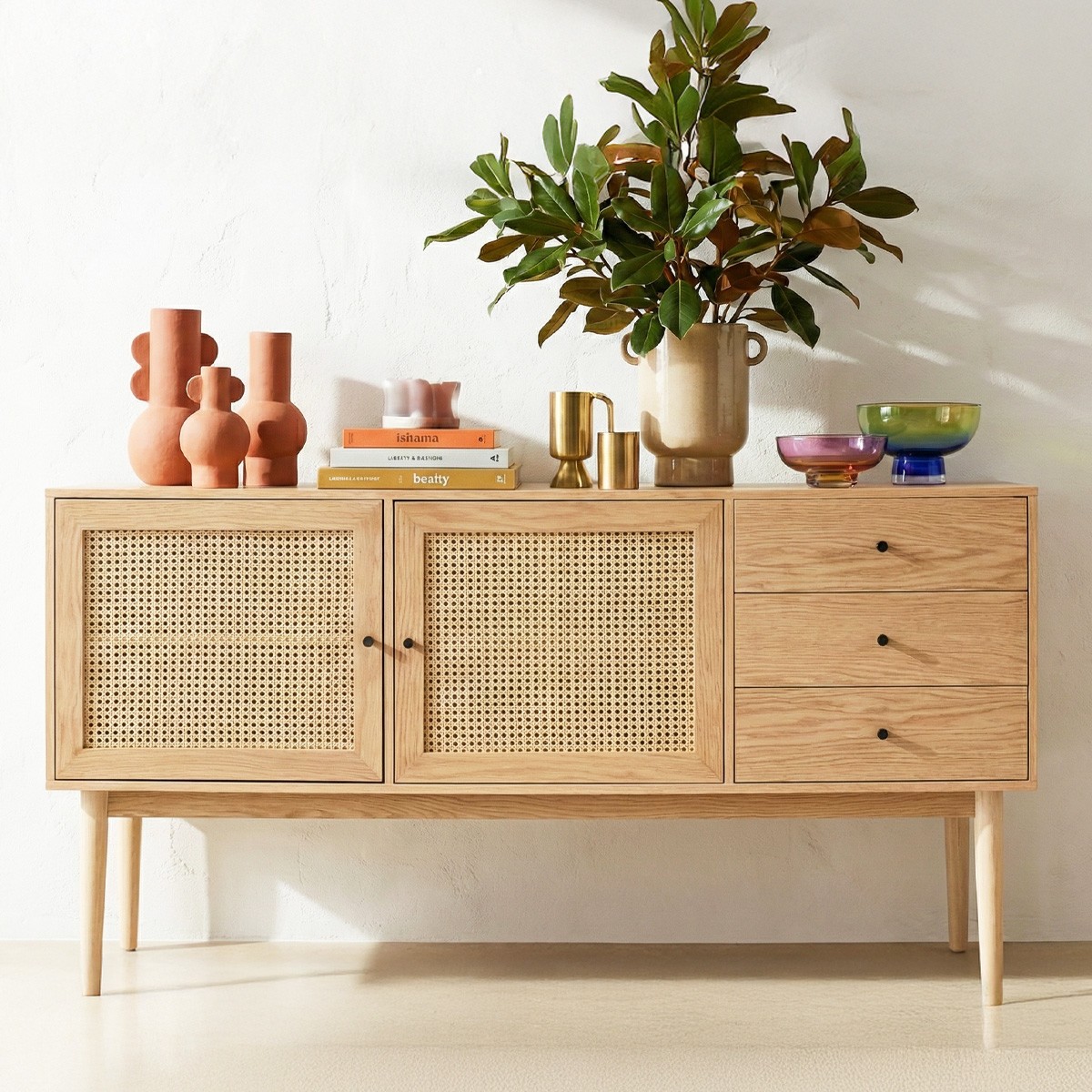 Buffet 2 portes 3 tiroirs en cannage et bois - EDEN naturel, HOMIFAB