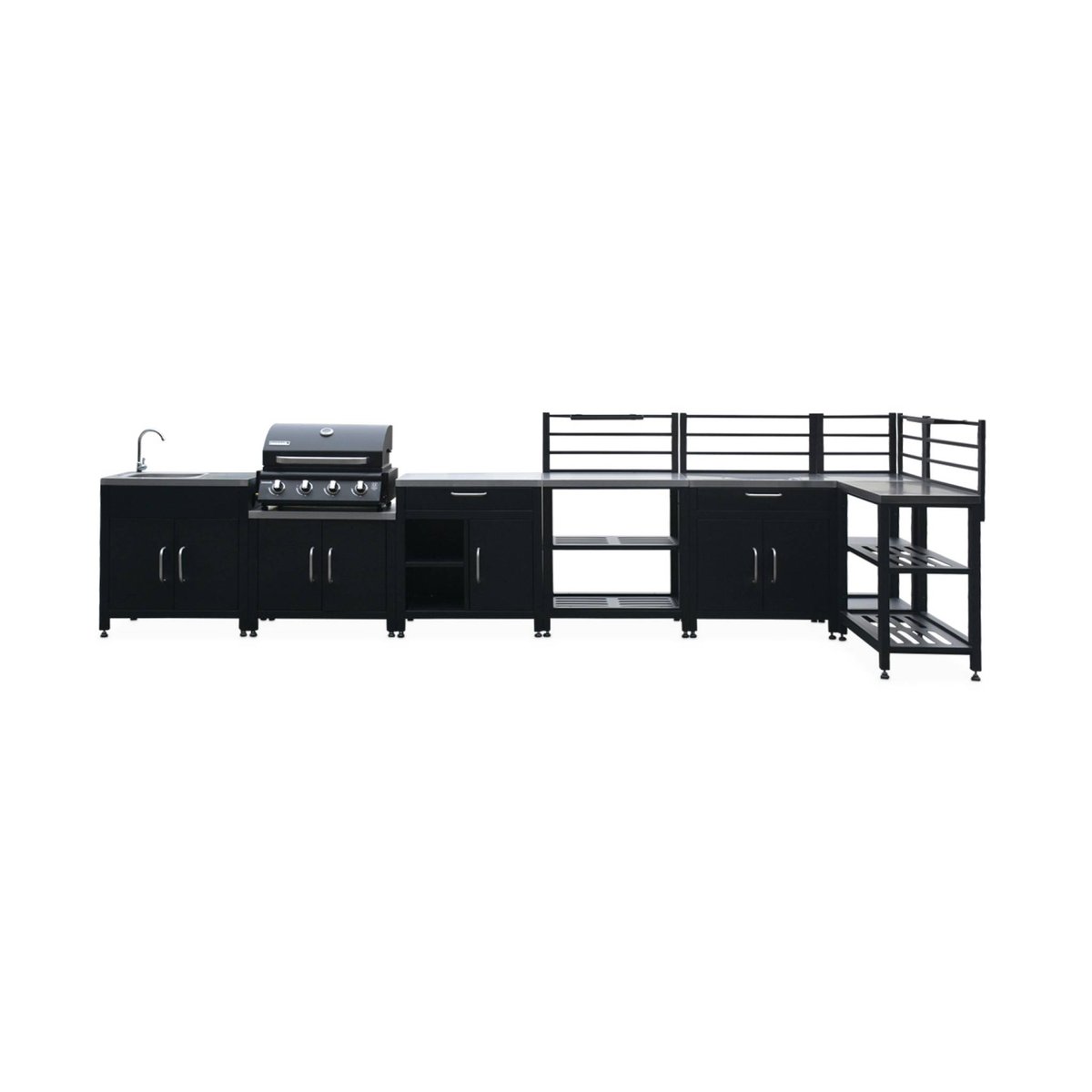 Cuisine d'extérieure 7 modules avec barbecue gaz 4 brûleurs sur pieds, thermomètre GRIMAUD BARBECUE GAZ + 7 MODULES noir, SWEEEK