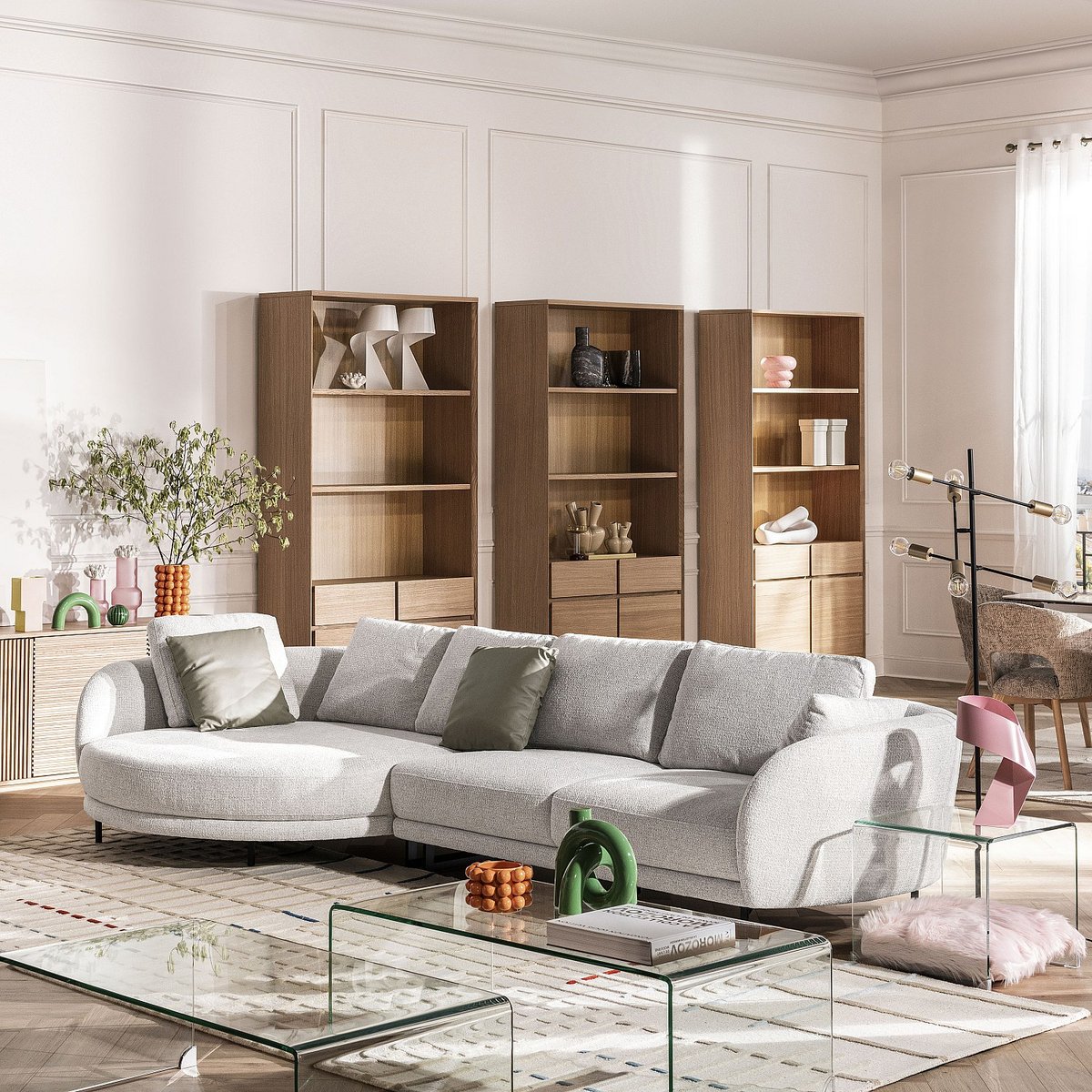 Canapé d'angle gauche déhoussable en tissu et dossier garni de plumes VELIA beige, HABITAT