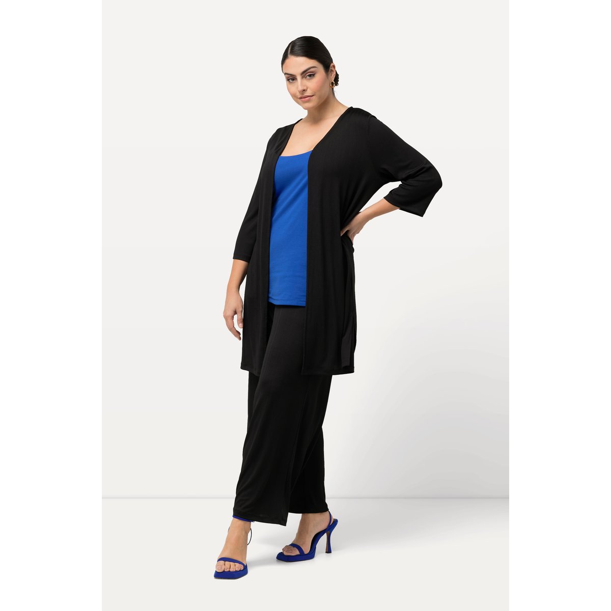Gilet long en jersey côtelé. Coupe ouverte noir, ULLA POPKEN