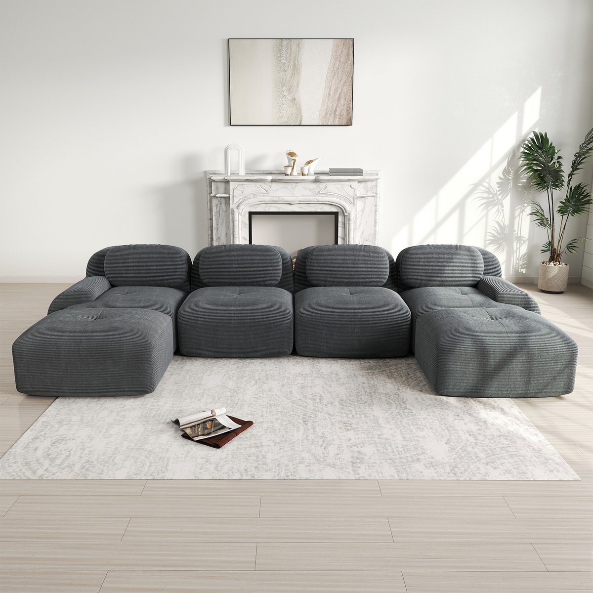 Canapé droit 4 places avec 2 poufs en velours côtelé, SNOW gris, MEUBLES COSY