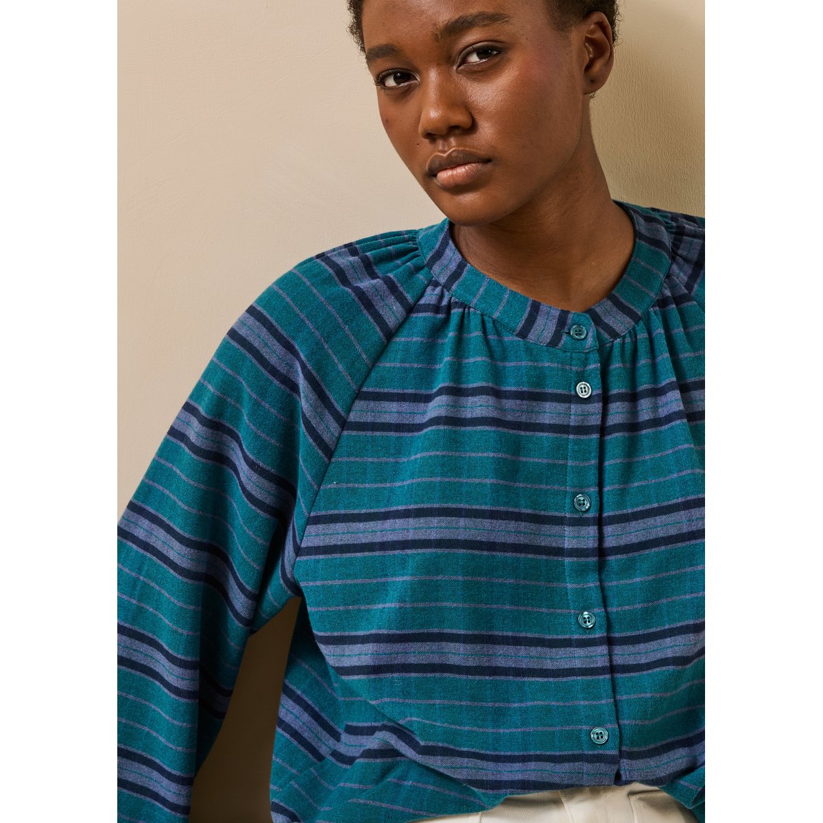Chemise ample à rayures manches longues petrole, LA FEE MARABOUTEE