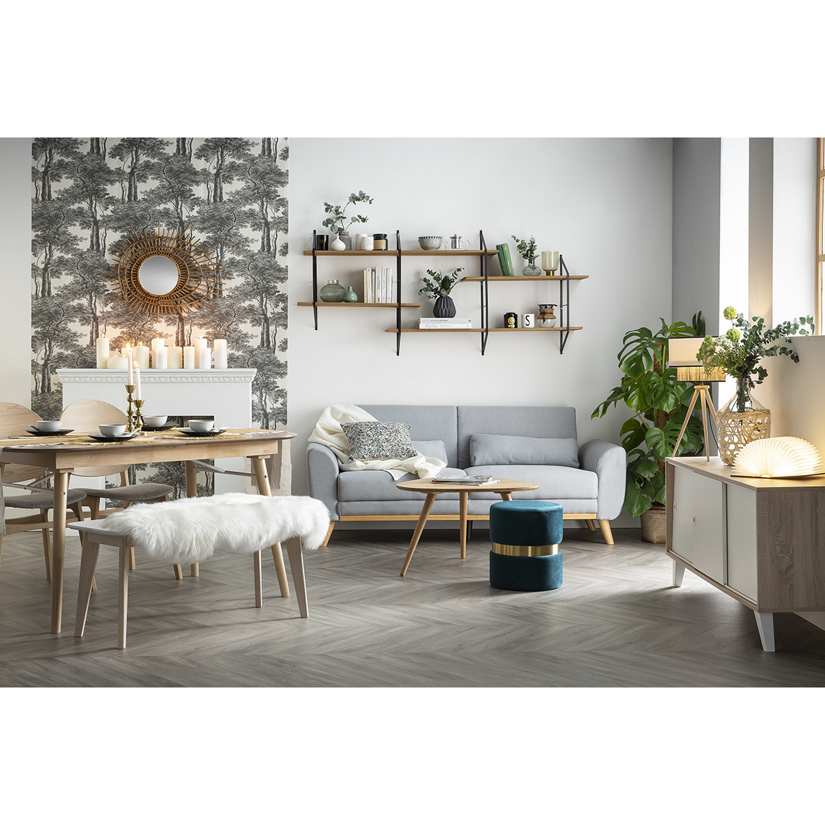 Etagère murale XL modulable en bois clair et métal noir L191 cm BRIDGE bois clair / noir, MILIBOO
