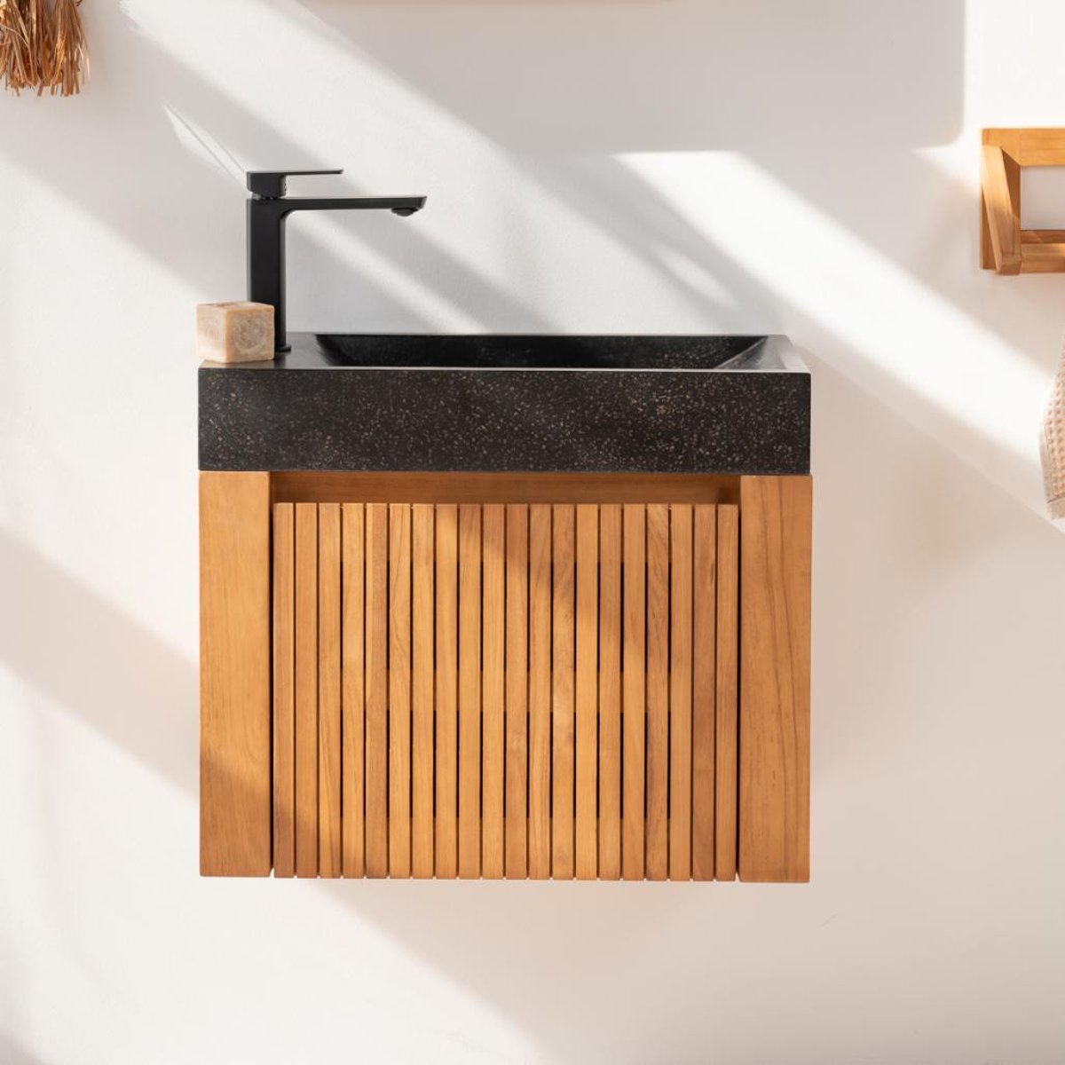 Lave main et Meuble suspendu en teck rectangle 60 LUXE noir, WANDA COLLECTION