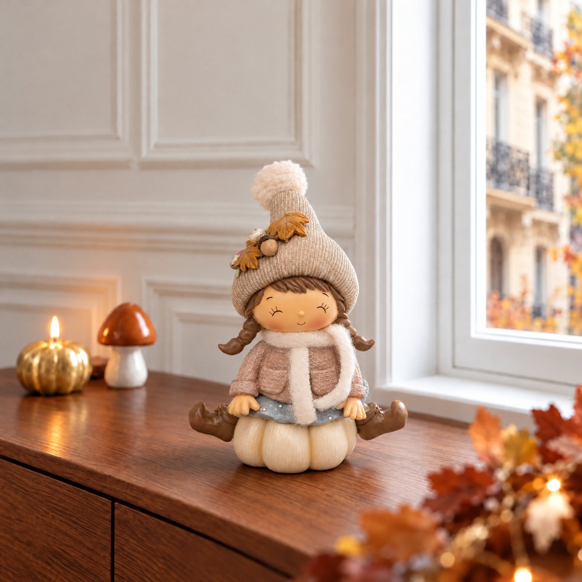 Figurine fillette assise de noël décorative artificielle H18 PUMPKIN beige, SIA