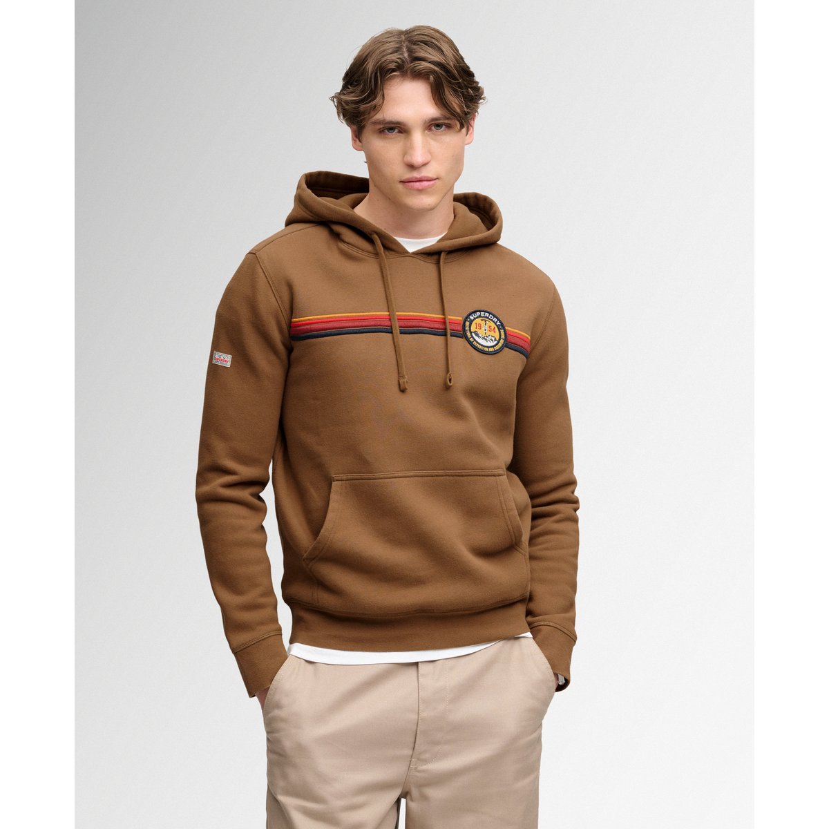 Sweat à capuche Outdoors Stripe Logo coupe décontractée marron intense, SUPERDRY