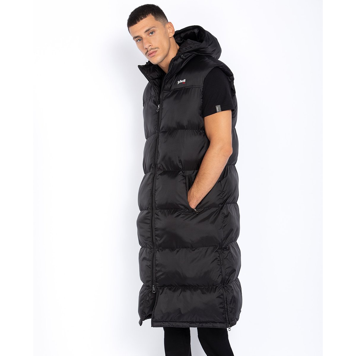 Doudoune extra longue sans manches noir, SCHOTT