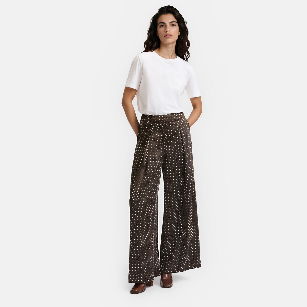 Calças largas com bolinhas em cetim imprimé pois marron/écru, LA REDOUTE COLLECTIONS