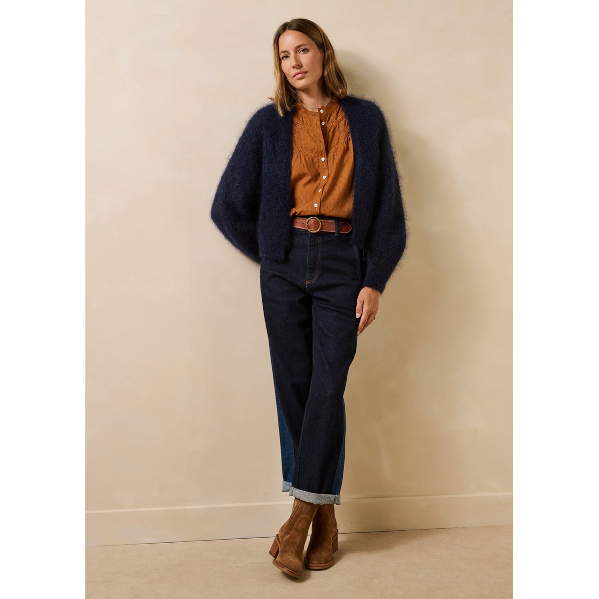 Gilet manches longues en maille bleu encre, LA FEE MARABOUTEE