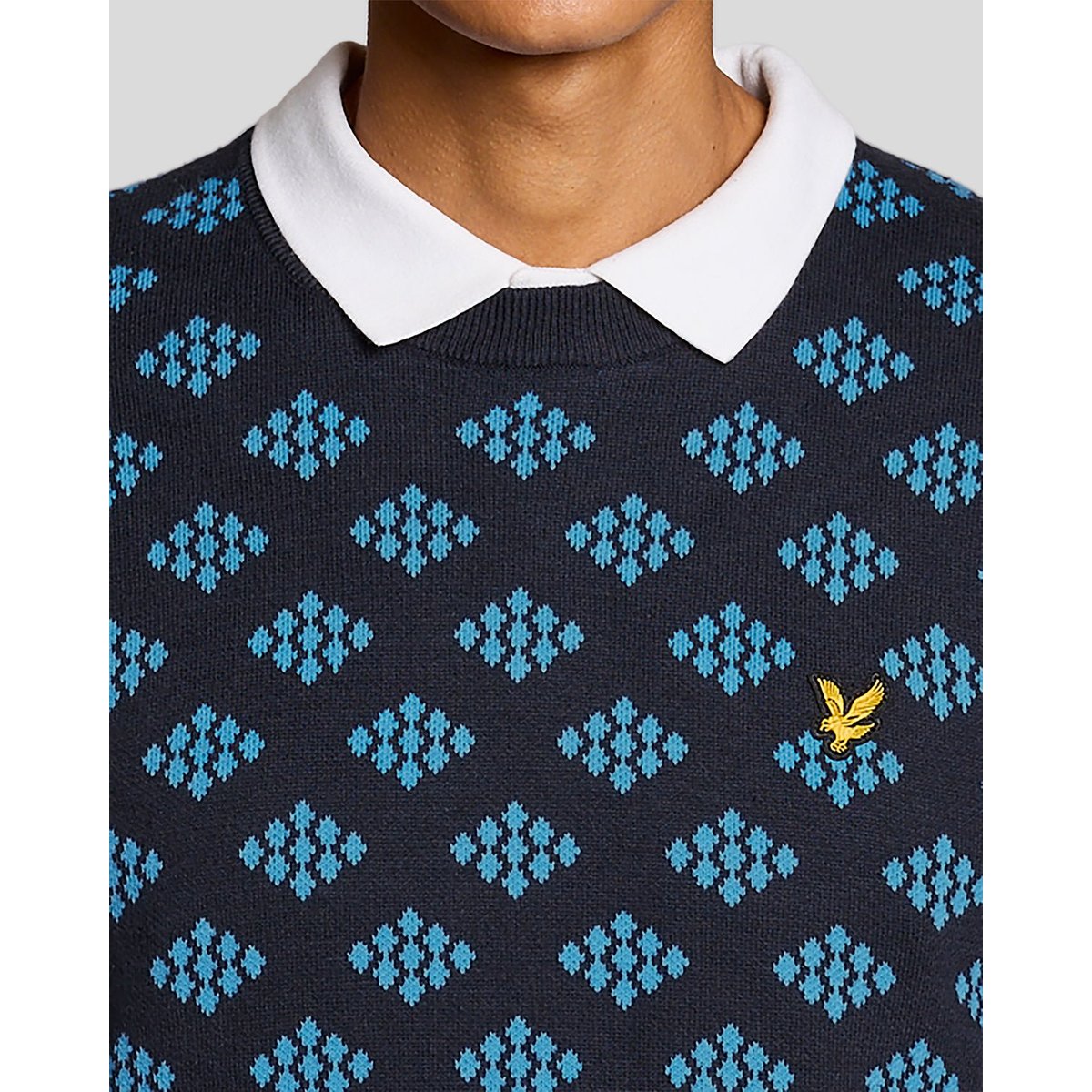 Pull en coton col rond à losanges bleu foncé marine, LYLE & SCOTT