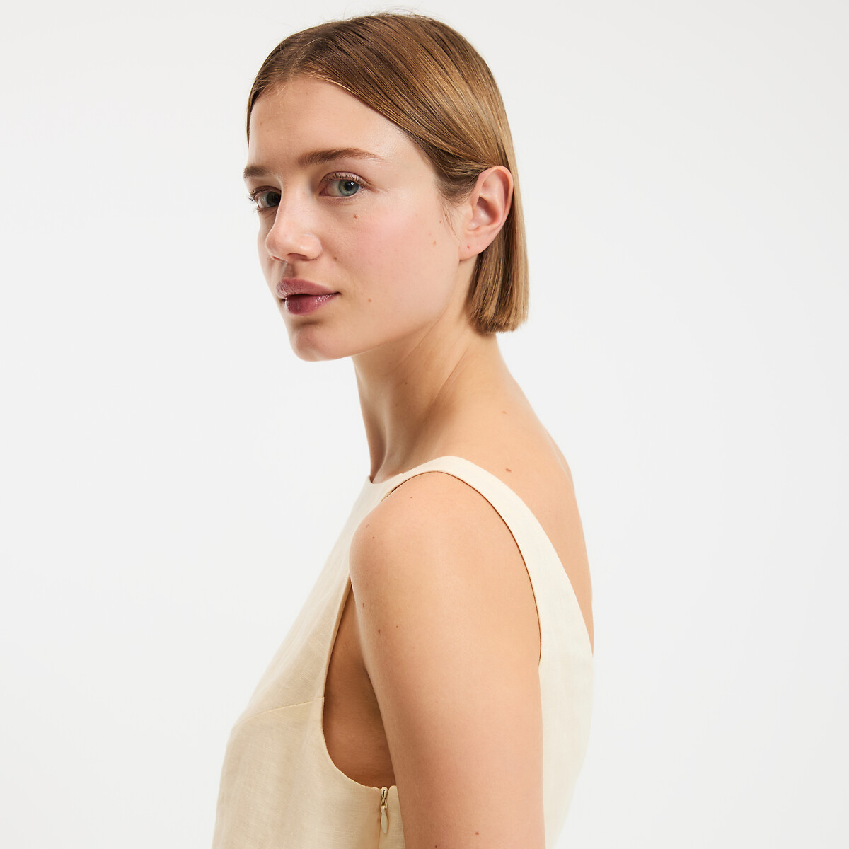 Korte mouwloze kokerjurk van linnen geel   , LA REDOUTE COLLECTIONS