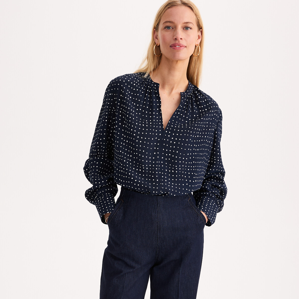 Polka Dot Viscose V-Neck Long Sleeve Blouse printed pea navy blue background, ANNE WEYBURN