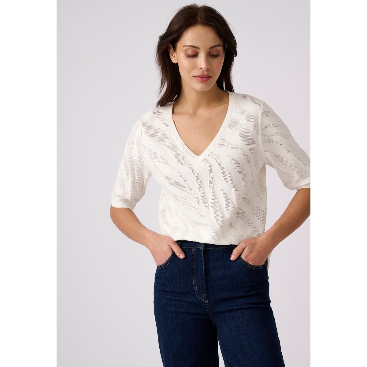Pull jeu de maille motif zébré blanc cassé, DAMART
