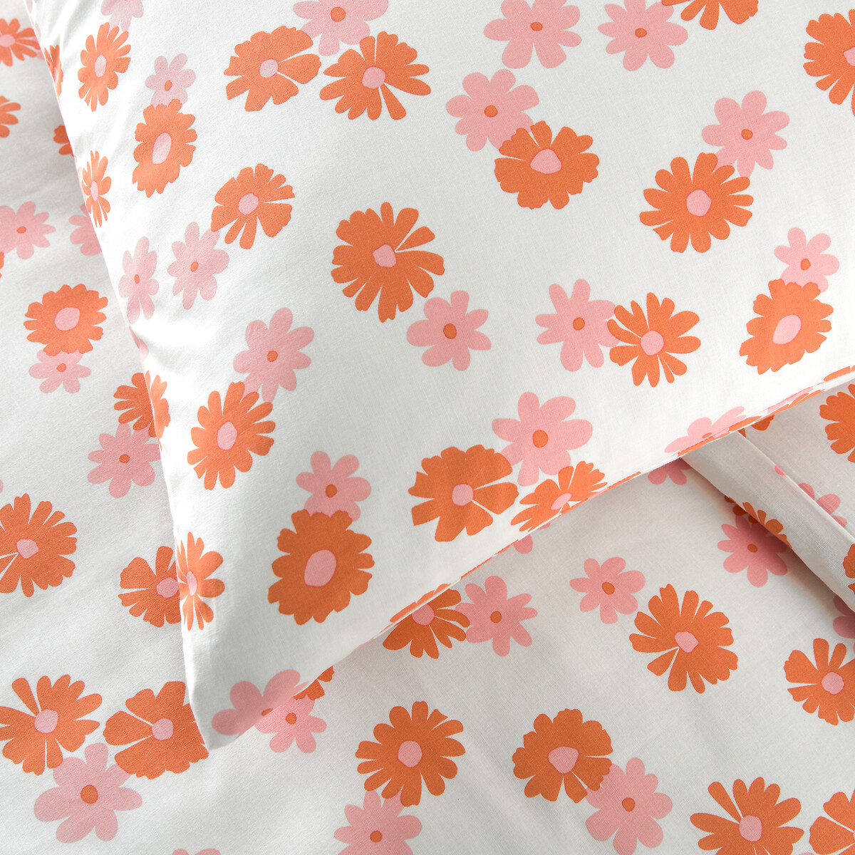 Parure de lit enfant 50% coton recyclé, taie carrée, MARGUERITES orange/rose, LA REDOUTE INTERIEURS