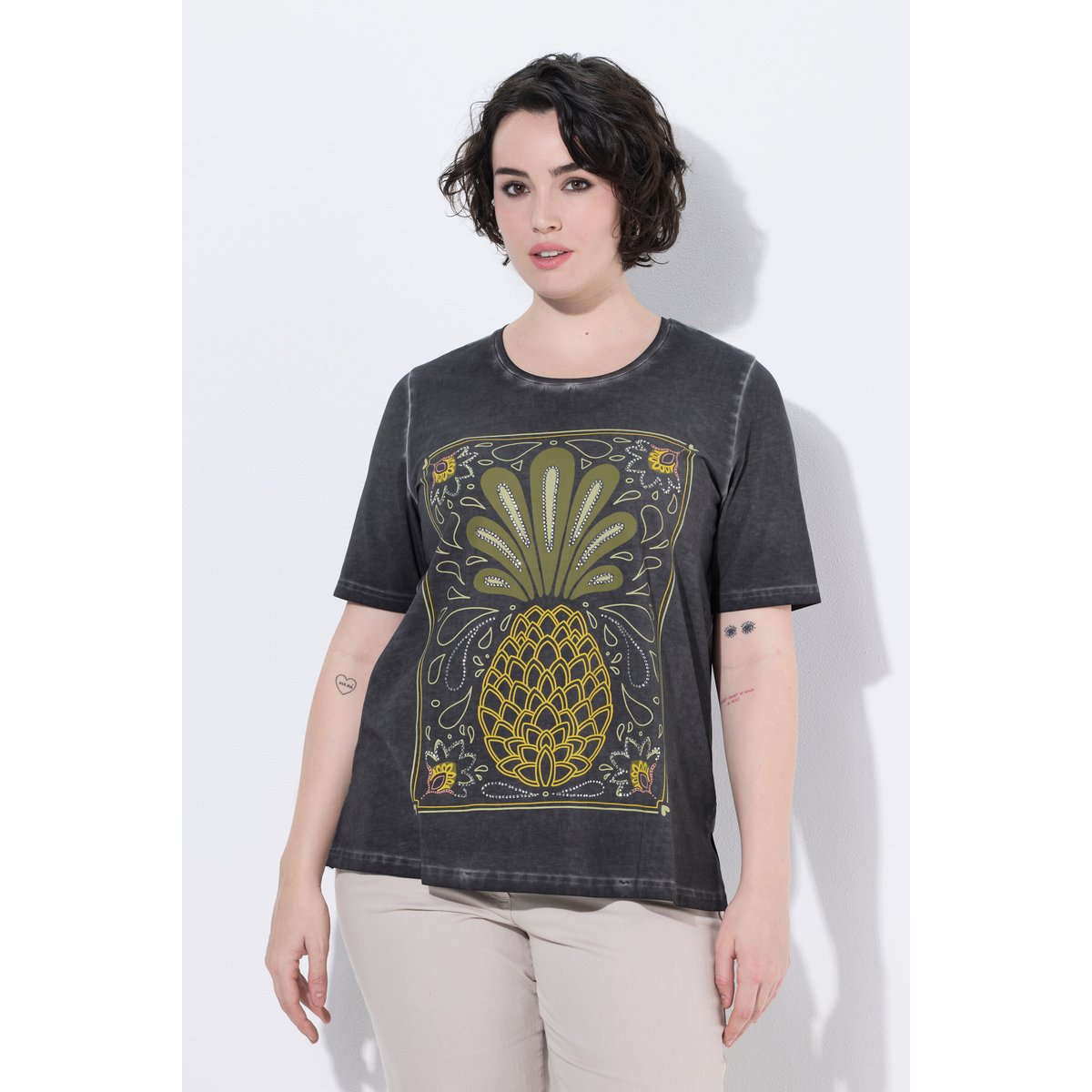 T-shirt, ananas, coupe classique, col rond gris graphite, ULLA POPKEN
