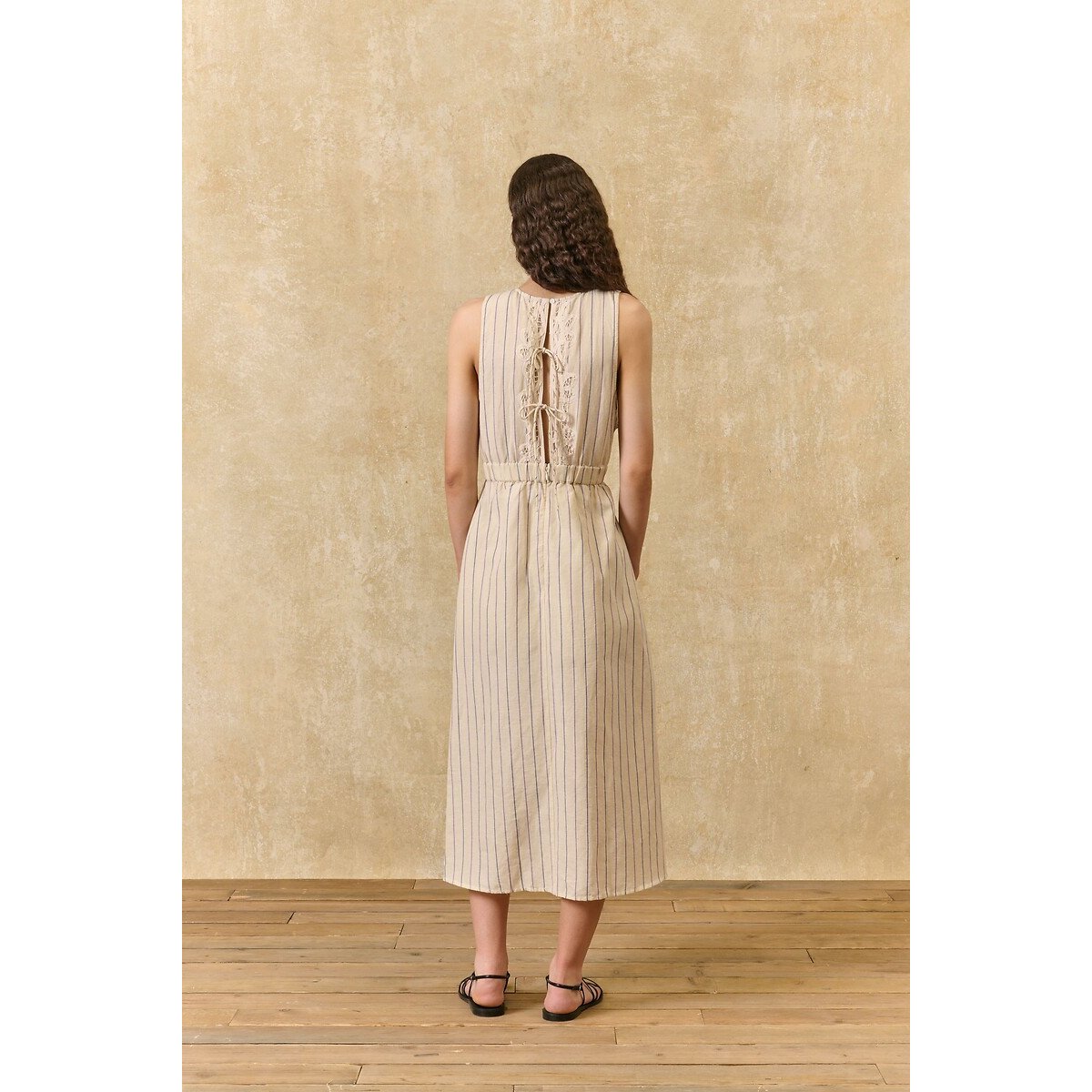 Robe sans manches à fines rayures et broderies, ARIANE ecru/marine, LOUISE MISHA