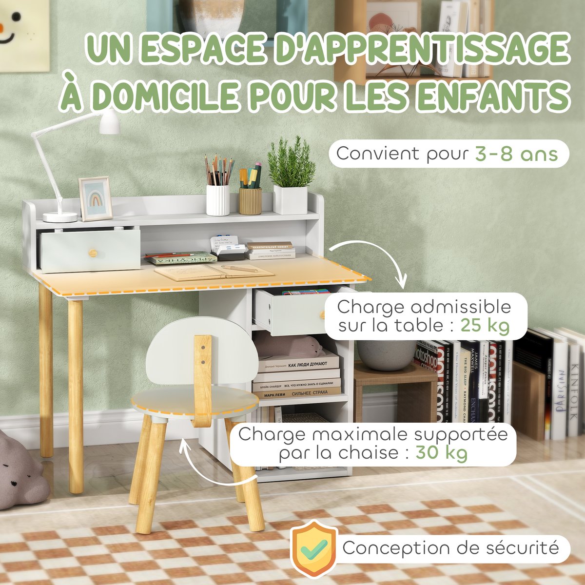Bureau d'étude pour enfants avec chaise MDF vert clair, blanc, AIYAPLAY