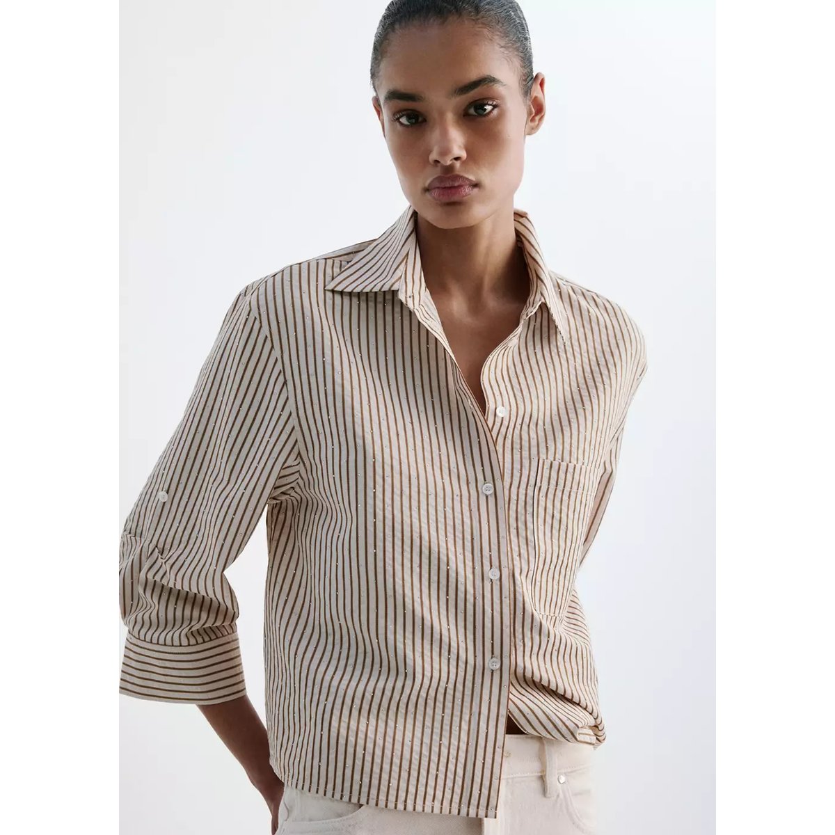 Chemise rayée avec strass marron, MANGO
