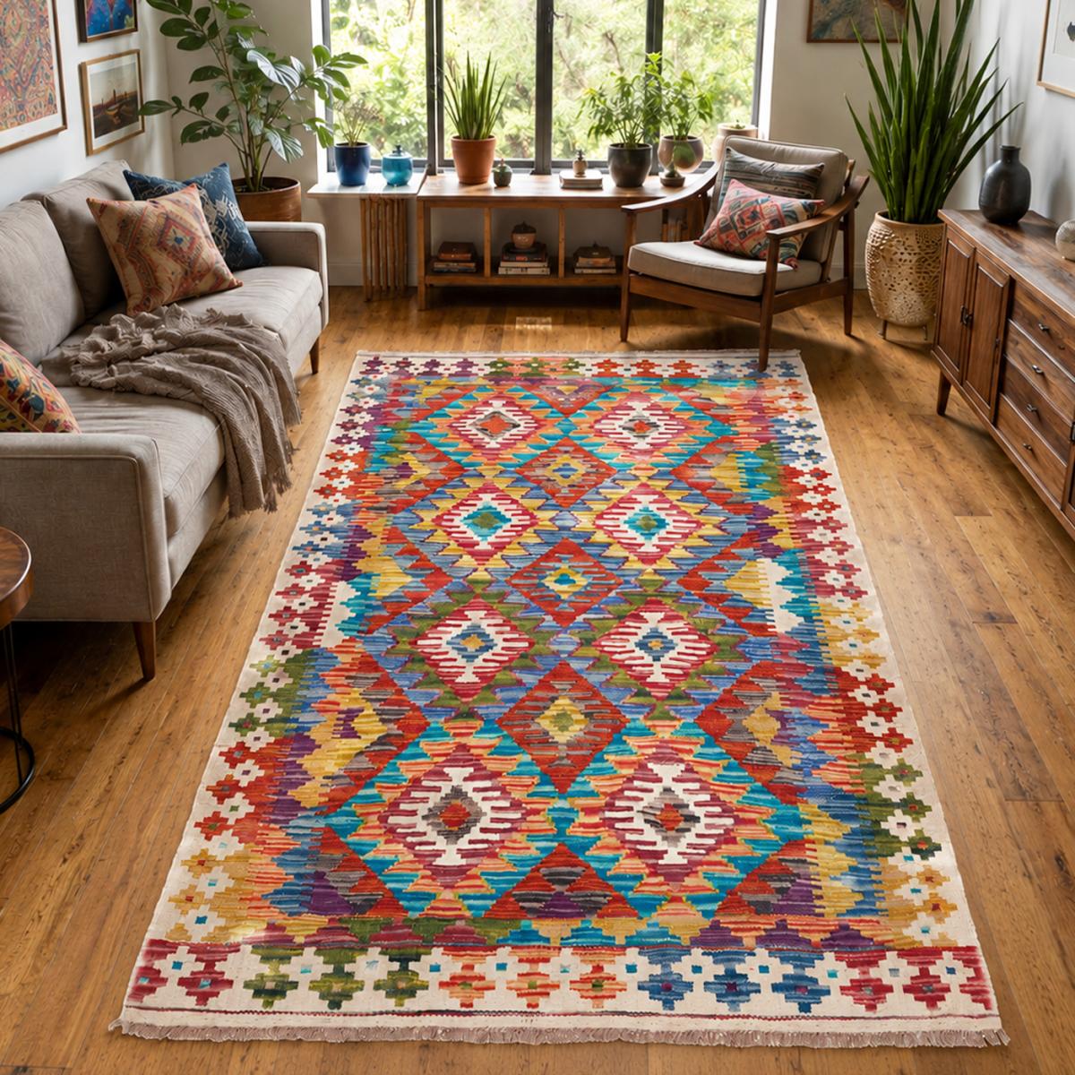Tapis kilim à motif géométrique, tissé plat en laine, KILIM 27 multicolore, bleu, rouge, UN AMOUR DE TAPIS