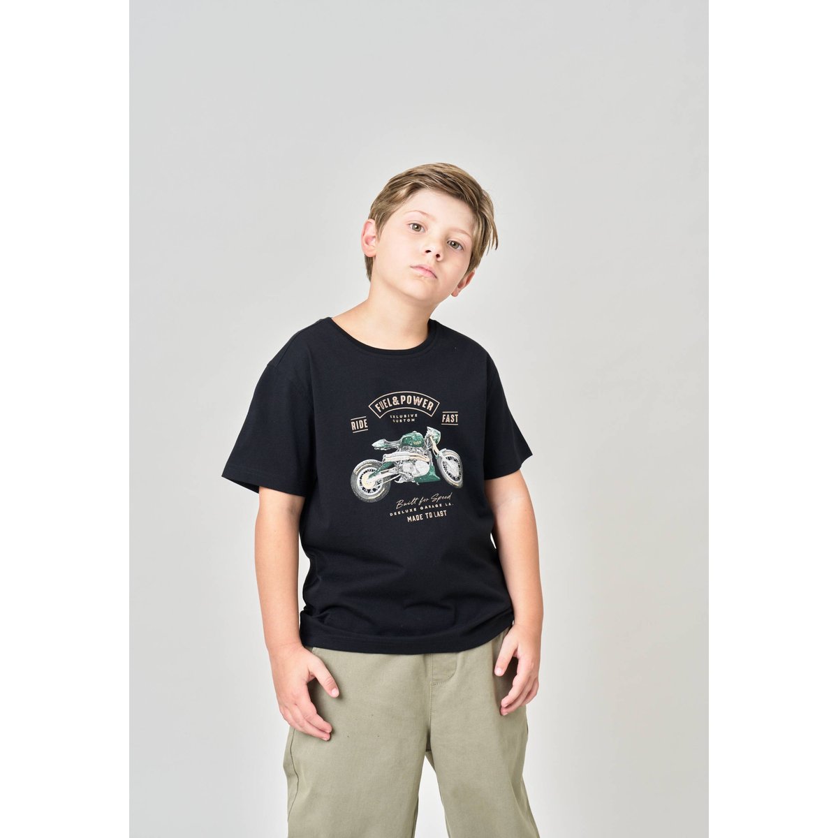 T-shirt regular garçon en 100% coton jersey imprimé moto vintage AVENUE black, DEELUXE