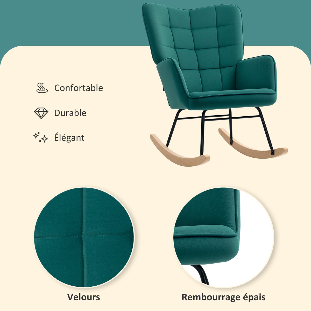 Fauteuil à bascule Velous Vert foncé vert foncé, HOMCOM