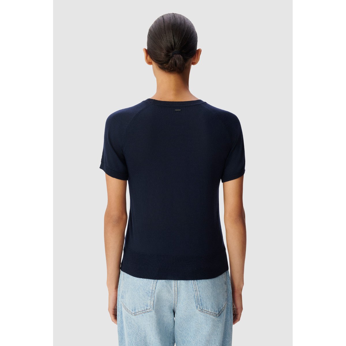 Pull manches courtes tricot en laine bleu marine, IKKS