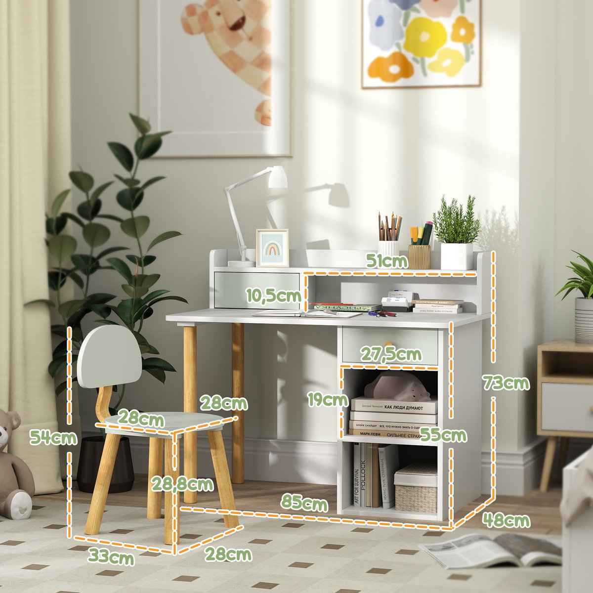 Bureau d'étude pour enfants avec chaise MDF vert clair, blanc, AIYAPLAY