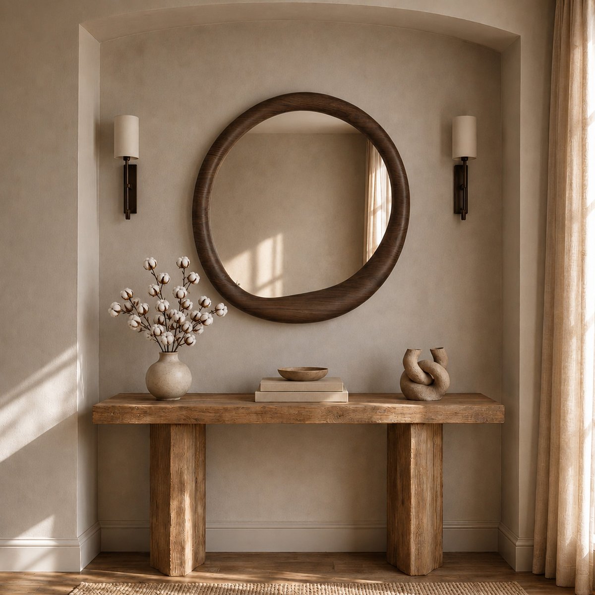 Miroir rond en placage noyer, D100 cm - YOKO marron foncé, MAISON PAVANE