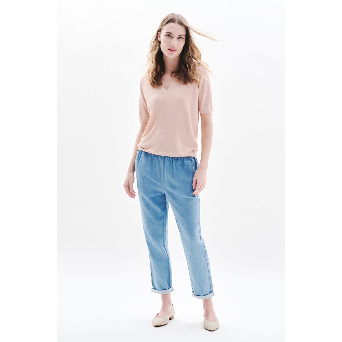 Pull droit col chemise en lin MIKALU rose clair, CAROLL