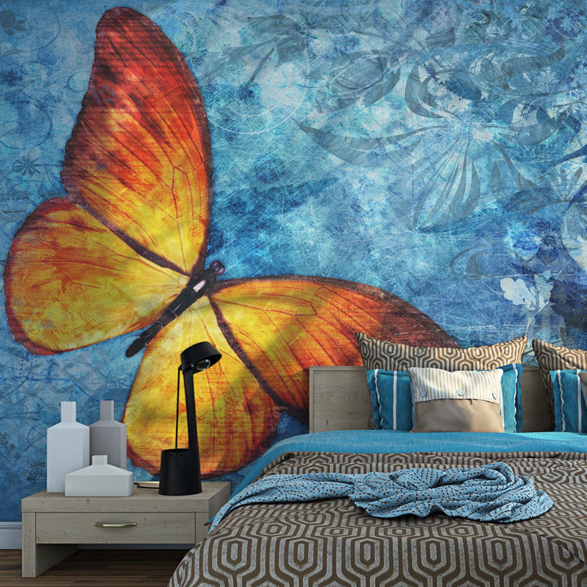 Papier peint intissé panoramique Animaux Fiery butterfly bleu, EDEN