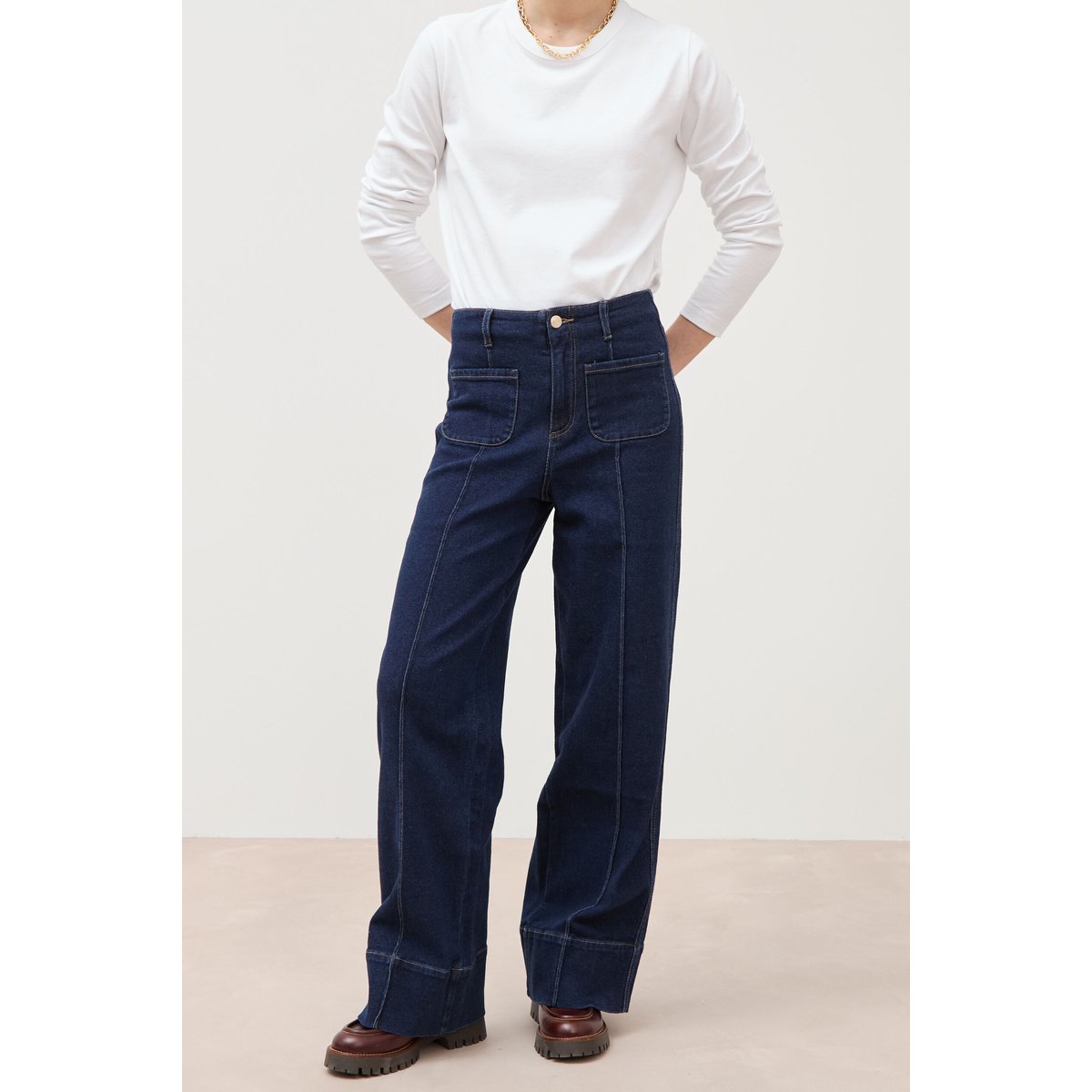 Jeans wide large taille haute denim brut rinse, BONOBO