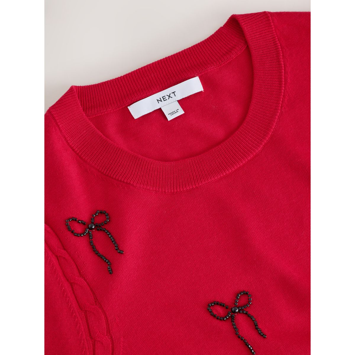 Pull ras du cou en coton majoritaire doux nœuds rouges ornés, NEXT