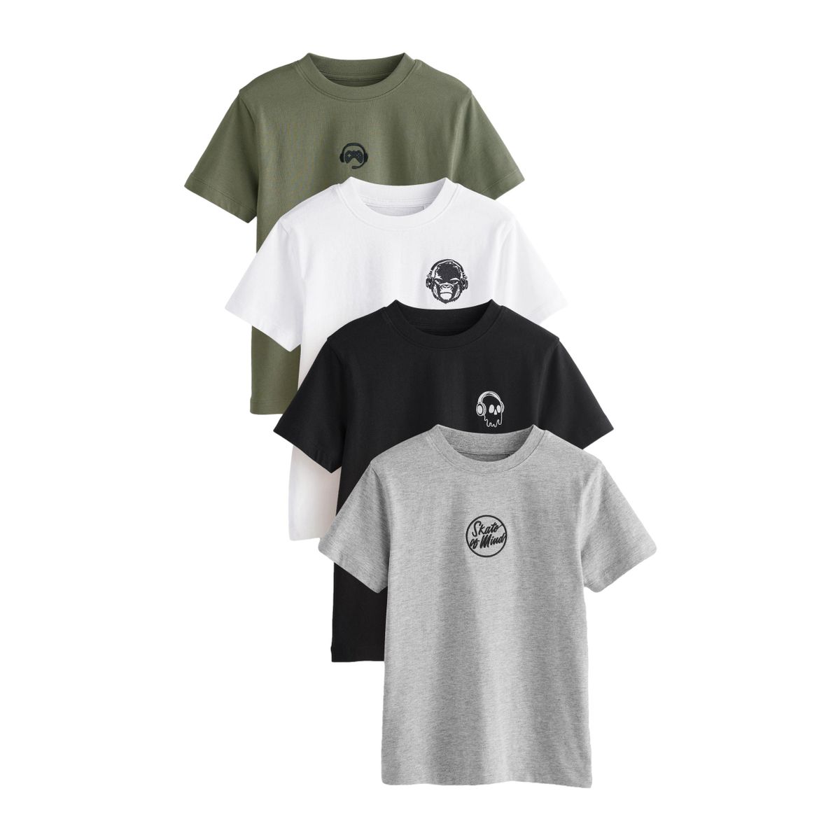 T-shirt brodé à manches courtes, lot de 4 noir/blanc/gris marl/kaki, NEXT