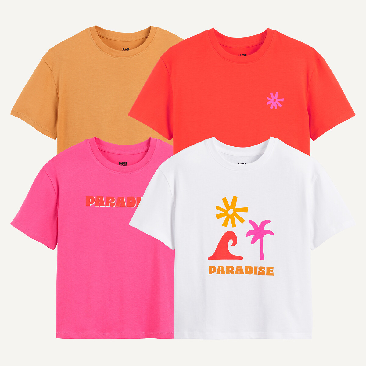 Lot de 4 T-shirts col rond, à manches courtes blanc + rouge + rose + jaune, LA REDOUTE COLLECTIONS